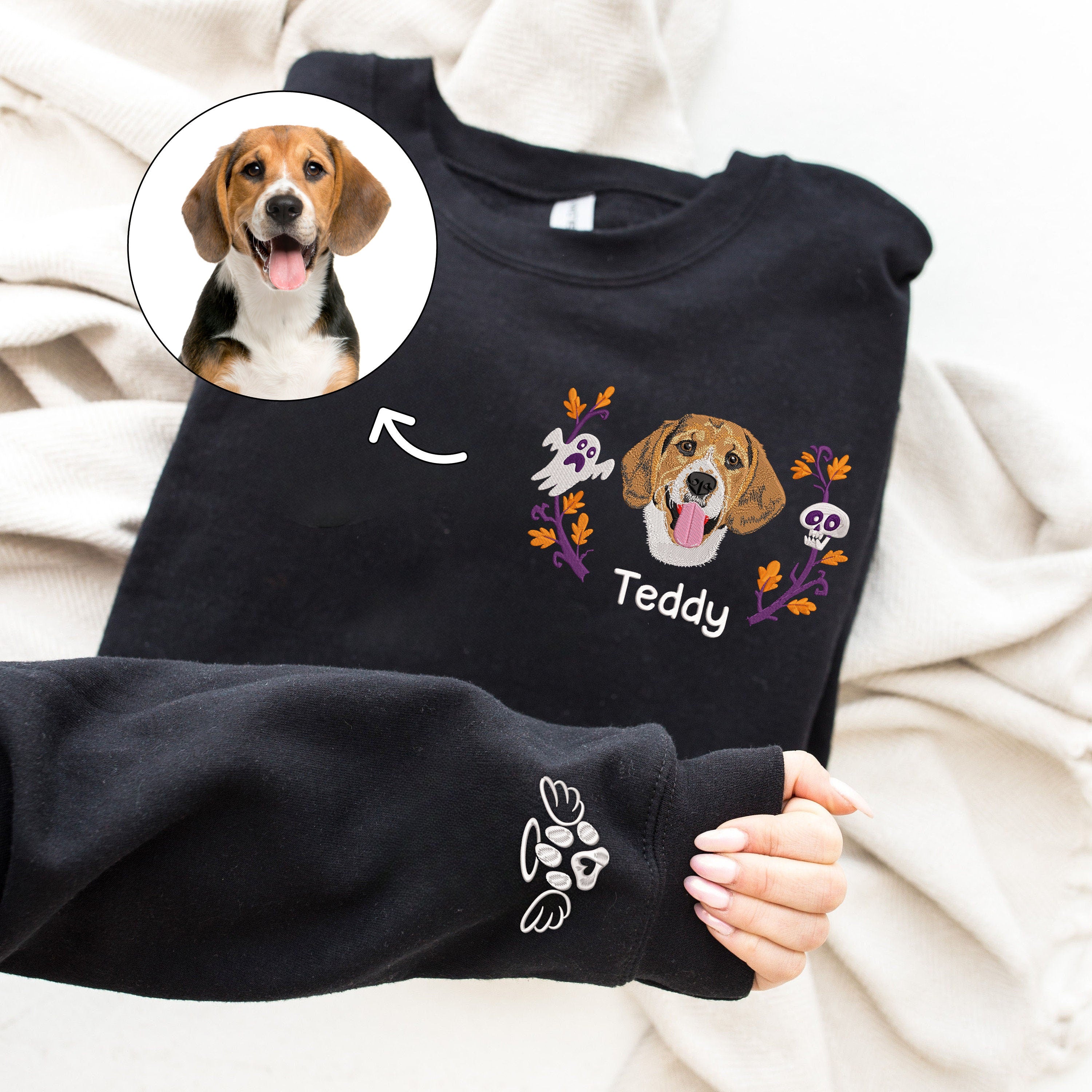 Custom Embroidered Halloween Dog Sweatshirt from Your Photo with Wreath | Halloween Gift