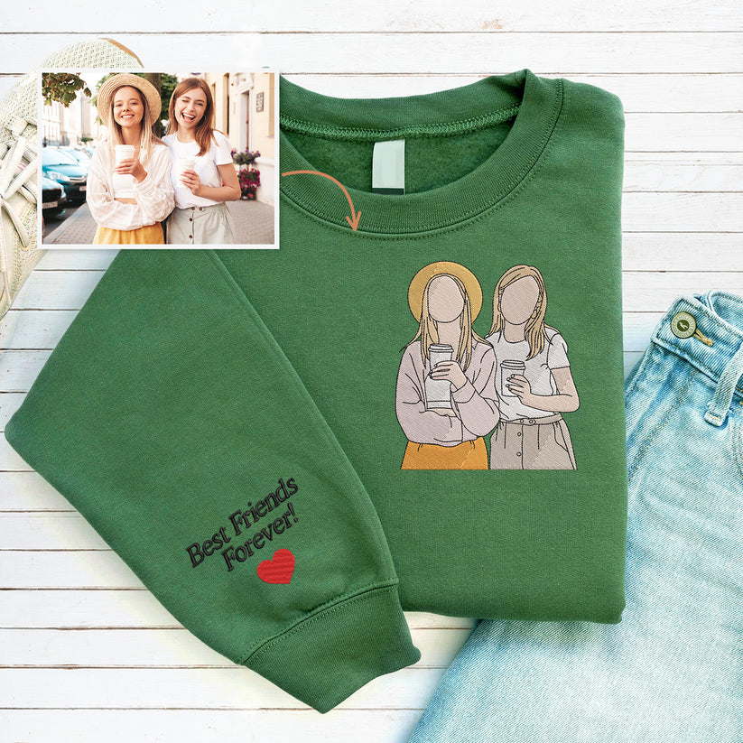 Custom Photo Portrait Best Friends Embroidered Sweatshirt | Personalized Matching Gift For Best Friends | Gift For Best Friends