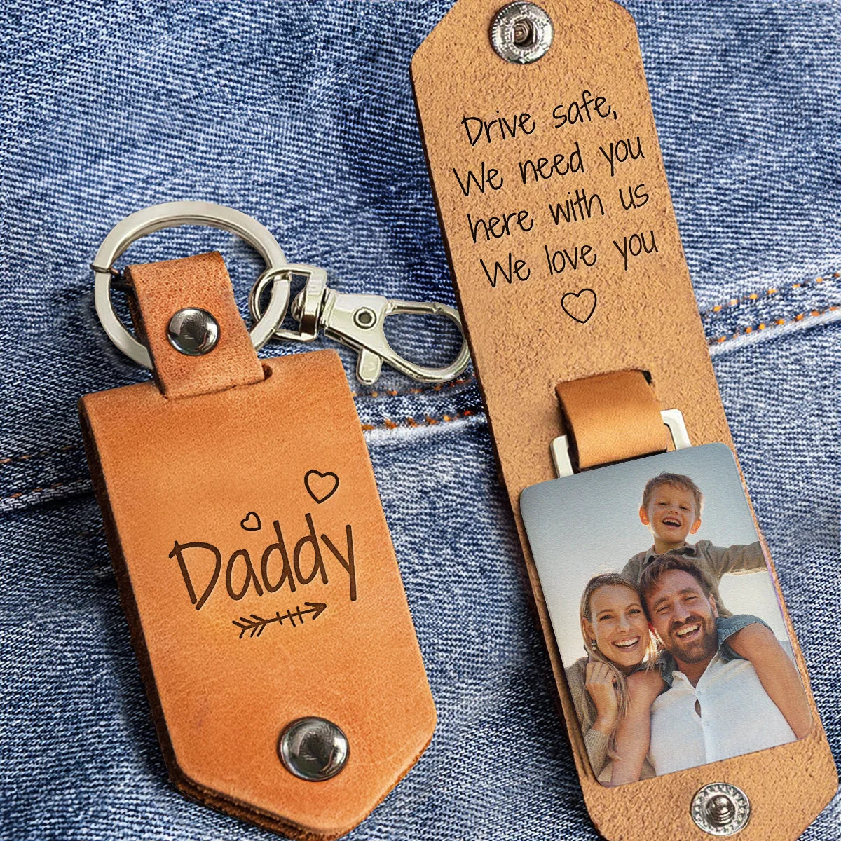 Drive Safe Daddy We Love You - Personalized Leather Photo Keychain For Dad