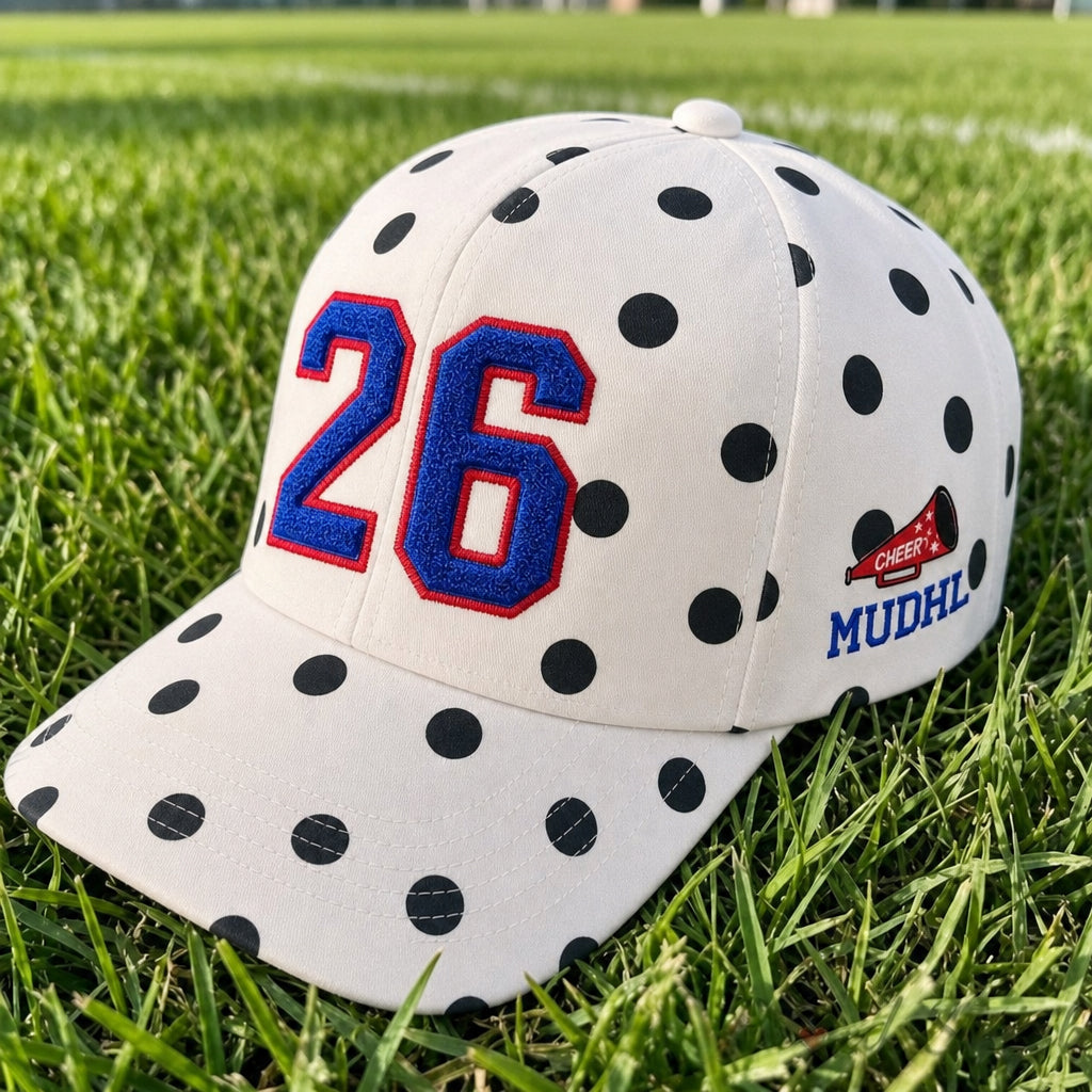 Custom Polka Dot Baseball Cap – Personalized Number Puff Embroidery Game Day Hat | Game Day Wear