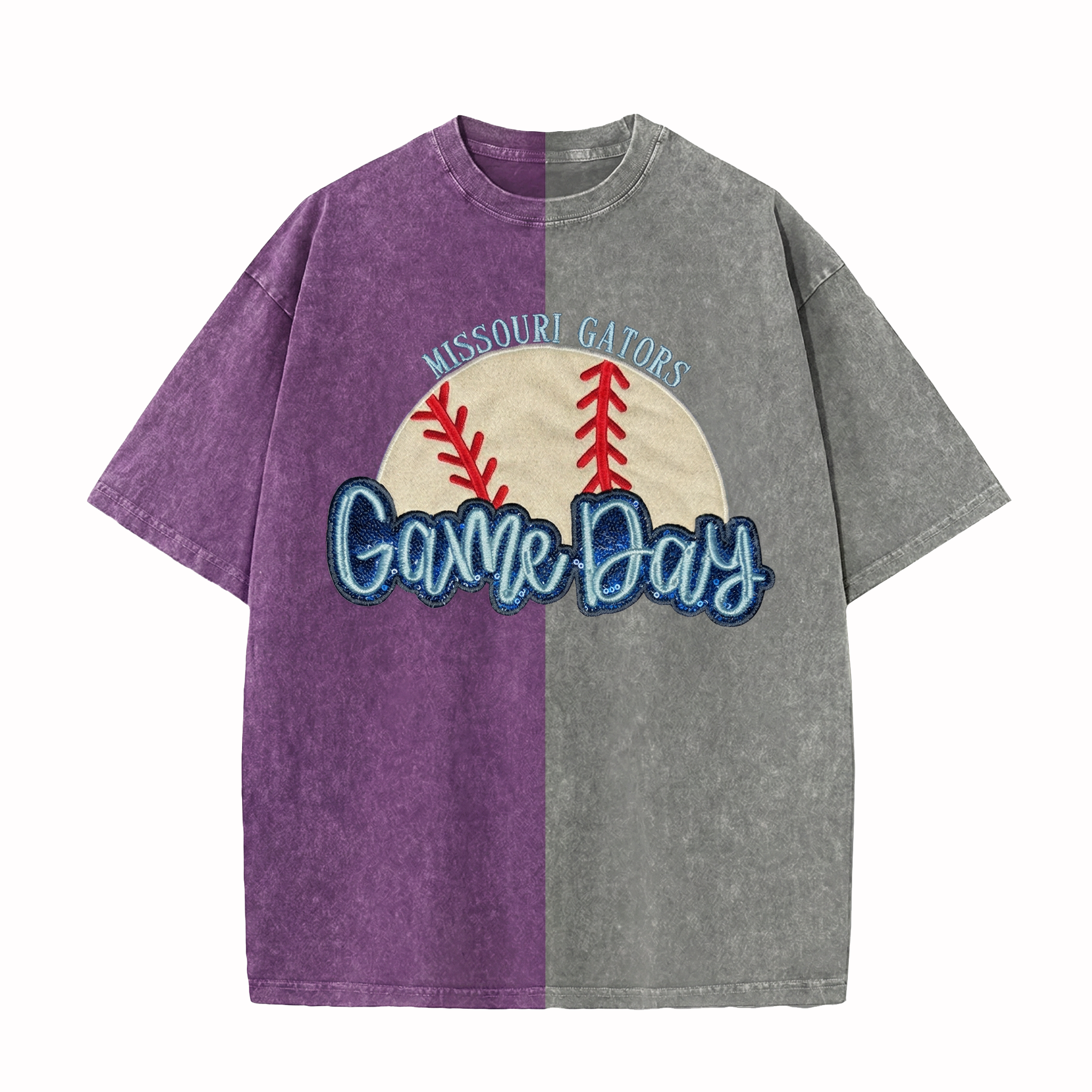 Custom Embroidery Baseball Game Day Two Tone Washed shirt with Glitter Baseball