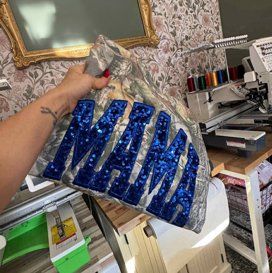 Custom Sequin MAMA Sweatshirt – Personalized Glitter Letters, Vintage Style | Gifts for Sports Mom