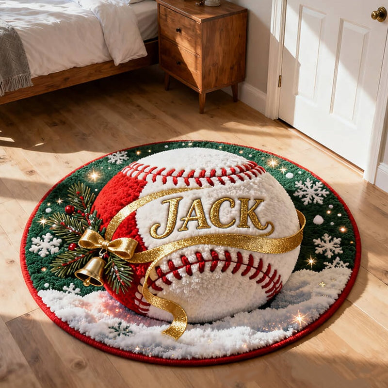 Personalized Baseball Christmas Rug With Custom Name And Holiday Design For Sports Fans