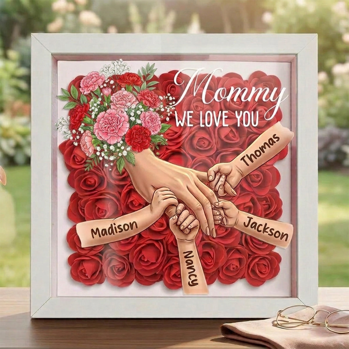 "Carnation"-Personalized Mom Holding Hands Memorial Shadow Box-Mother's Day Remembrance Frame, In Loving Memory Gift