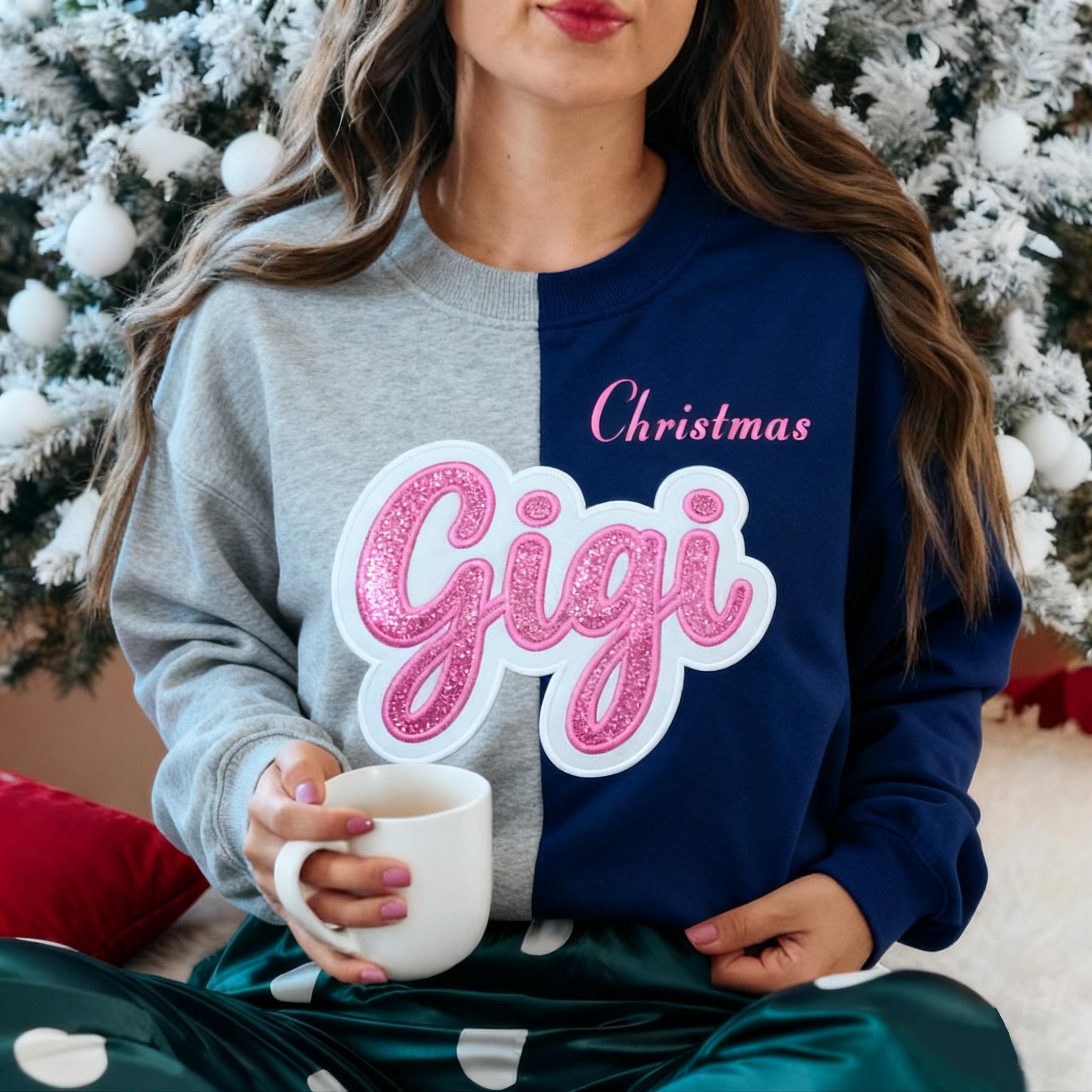 Custom Glitter Embroidered Gigi Christmas Two Tone Sweatshirt