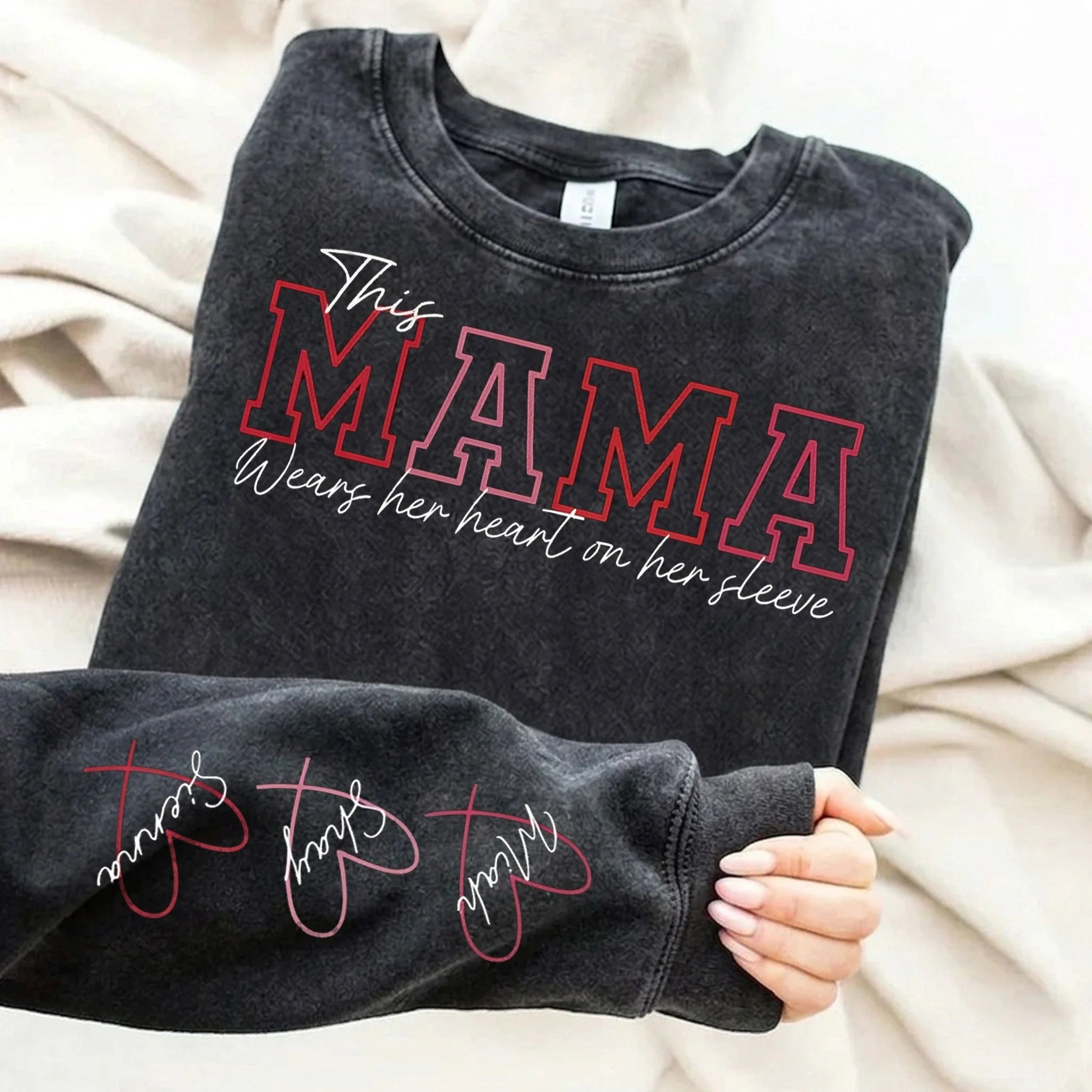 Wear Your Heart on Your Sleeve – Personalized Mama Washed Sweatshirt with Kids’ Names | Mother's Day Gift