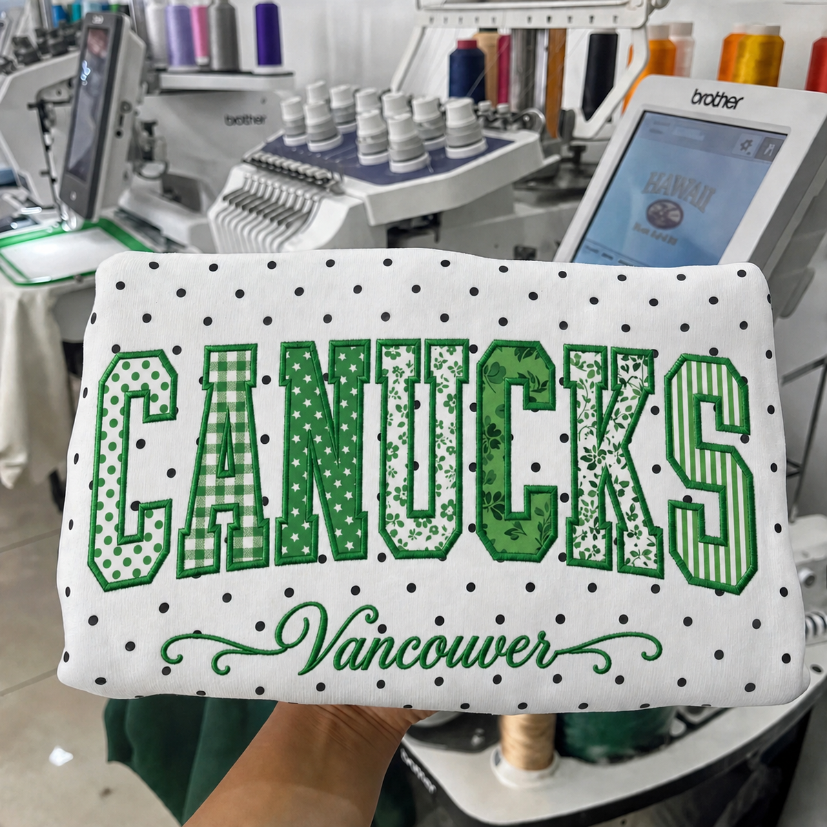 Custom Hockey Team Patchwork Embroidered Polka Dot Sweatshirt | Hockey Fan Game Day Gear
