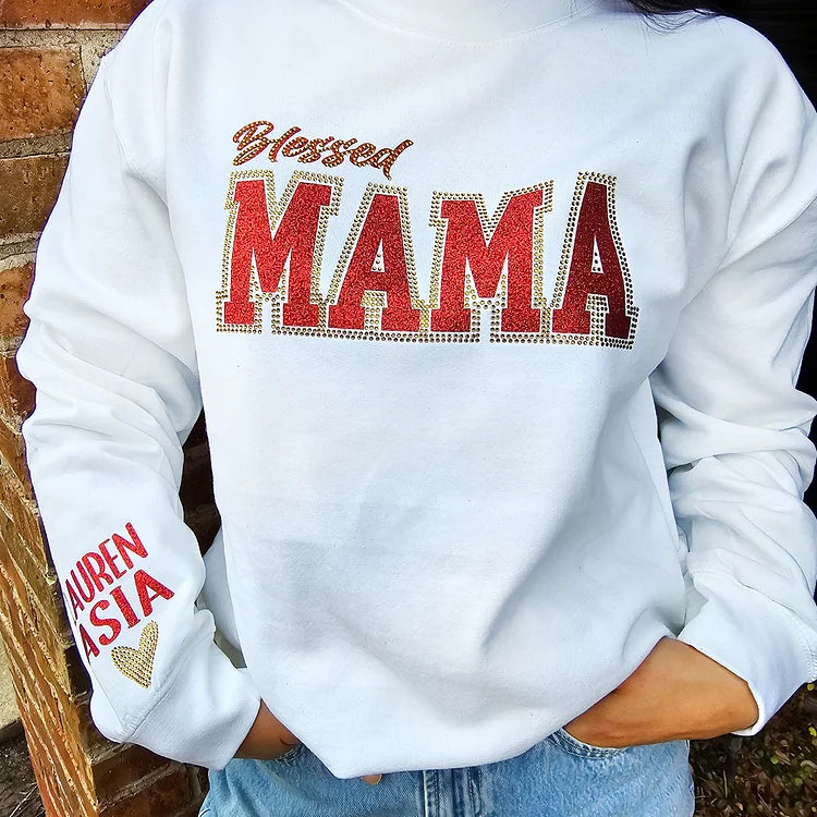 Custom Rhinestone Mama Sweatshirts and T-shirts with names on Sleeve | Mother's Day Gift