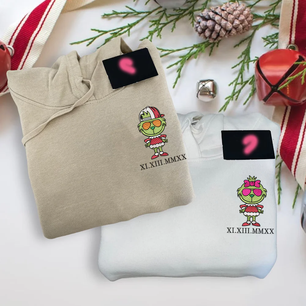 Custom Embroidered Cute Cartoon Green Roman Numeral Date Hoodies For Couples | Couple Anniversary Gift