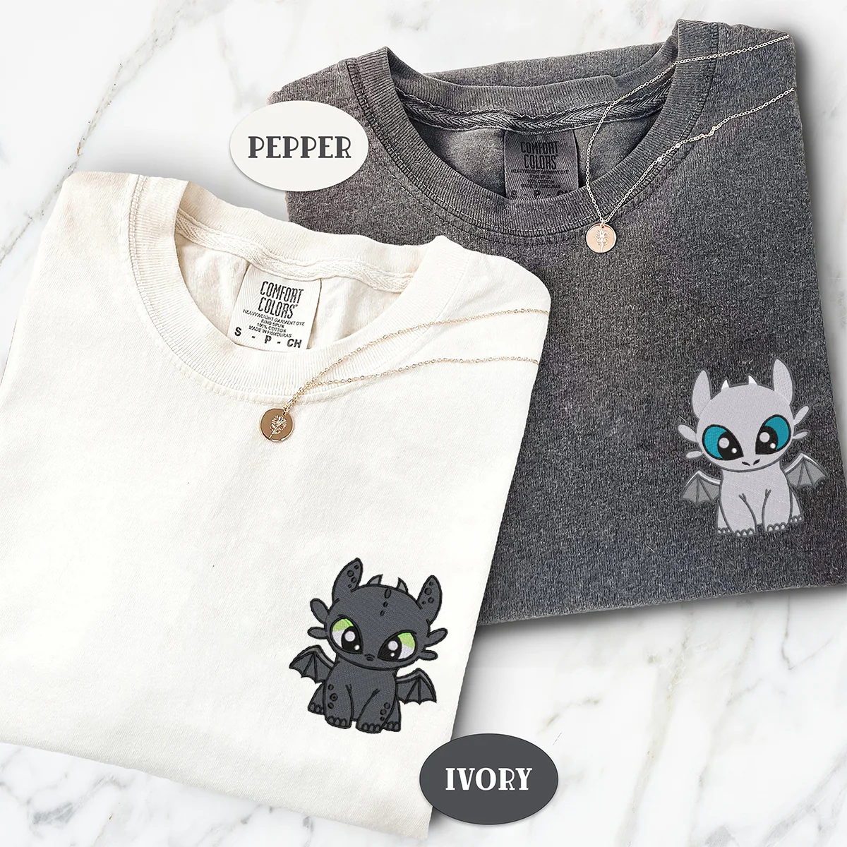 Custom Embroidered Cartoon Toothless x Light Fury Matching T-shirts for Couples