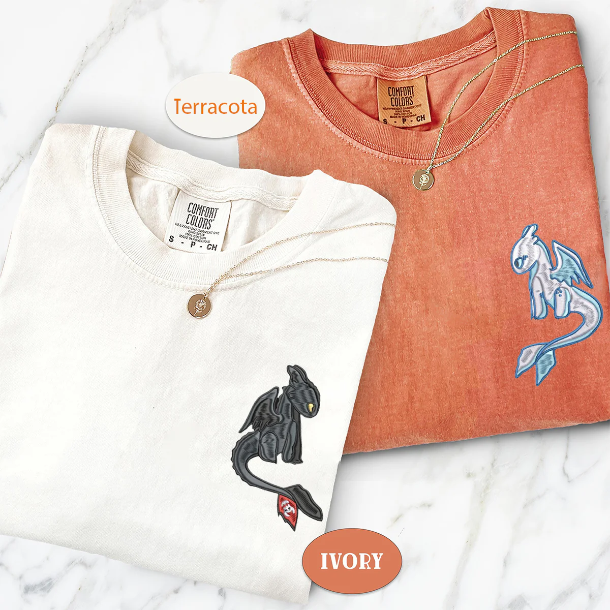 Custom Embroidered Cartoon Toothless x Light Fury Matching T-shirts for Couples