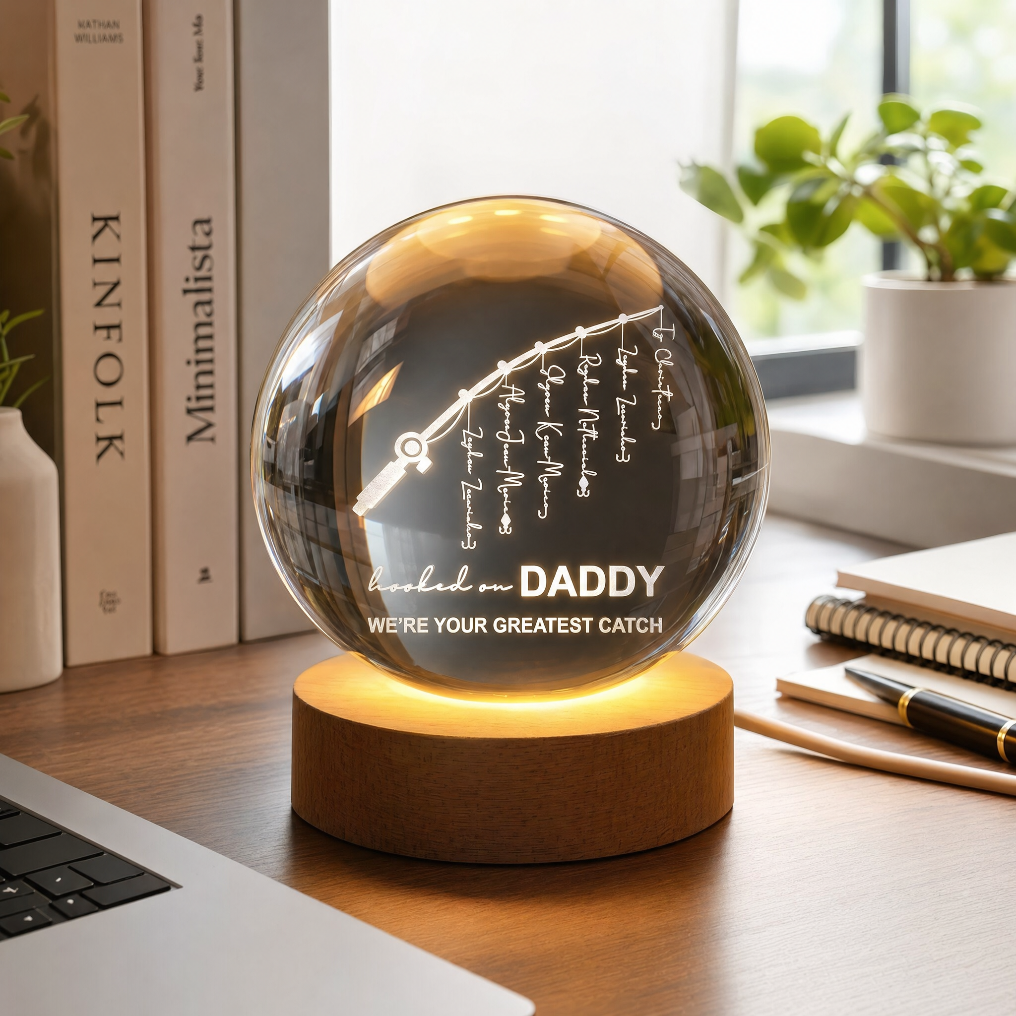 Personalized "Greatest Catch" Fishing Rod 3D Crystal Ball Night Light – Custom Kids' Names LED Lamp – Unique Father’s Day Gift for Dad & Grandpa