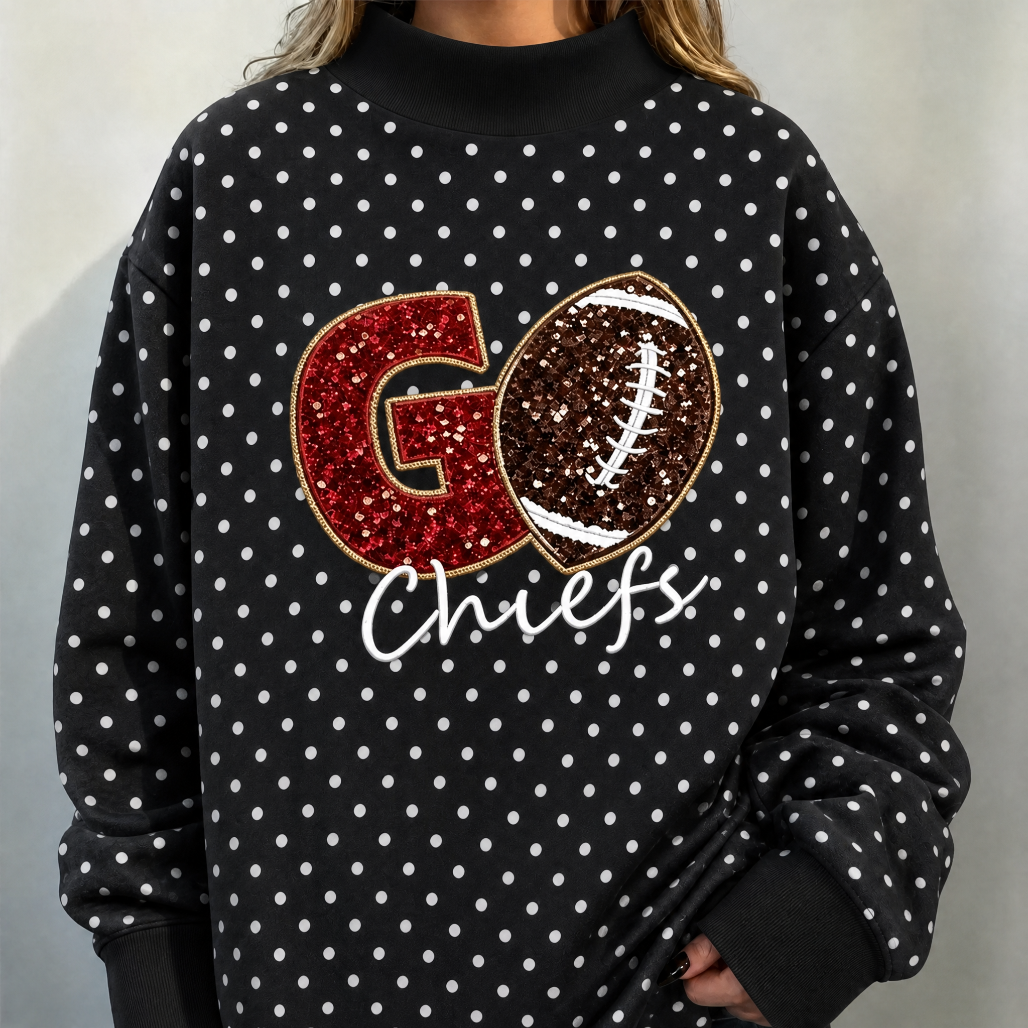 Custom Game Day Football Polka Dot Mockneck – Sequin Varsity Letter | Gifts for Sports Mom | Game Day Wear