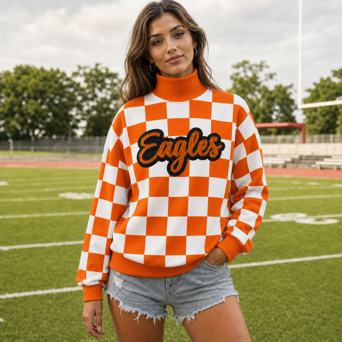 Custom Glitter Team Mascot Checkerboard Mockneck Sweatshirt | Game Day Spirit Wear