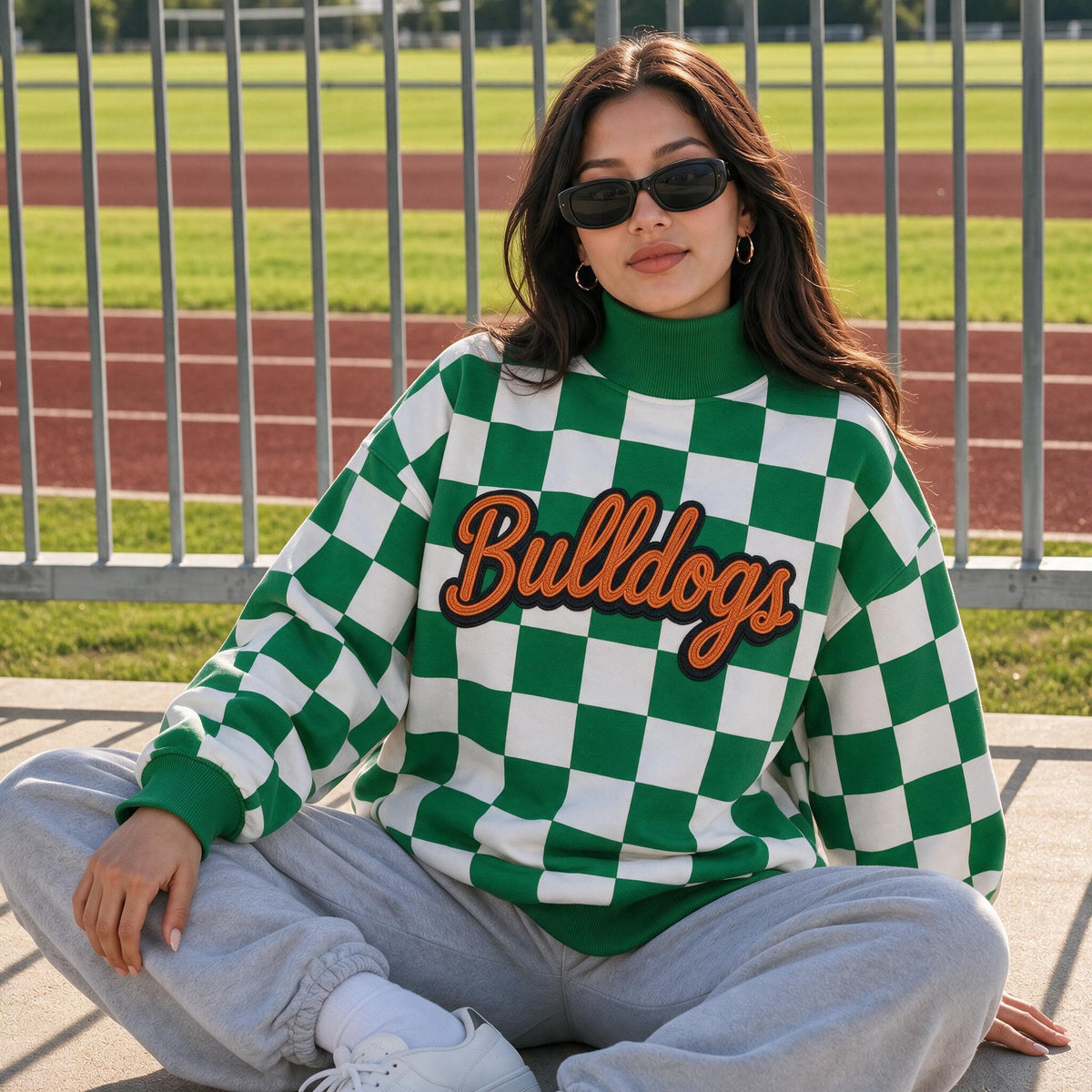 Custom Glitter Team Mascot Checkerboard Mockneck Sweatshirt | Game Day Spirit Wear
