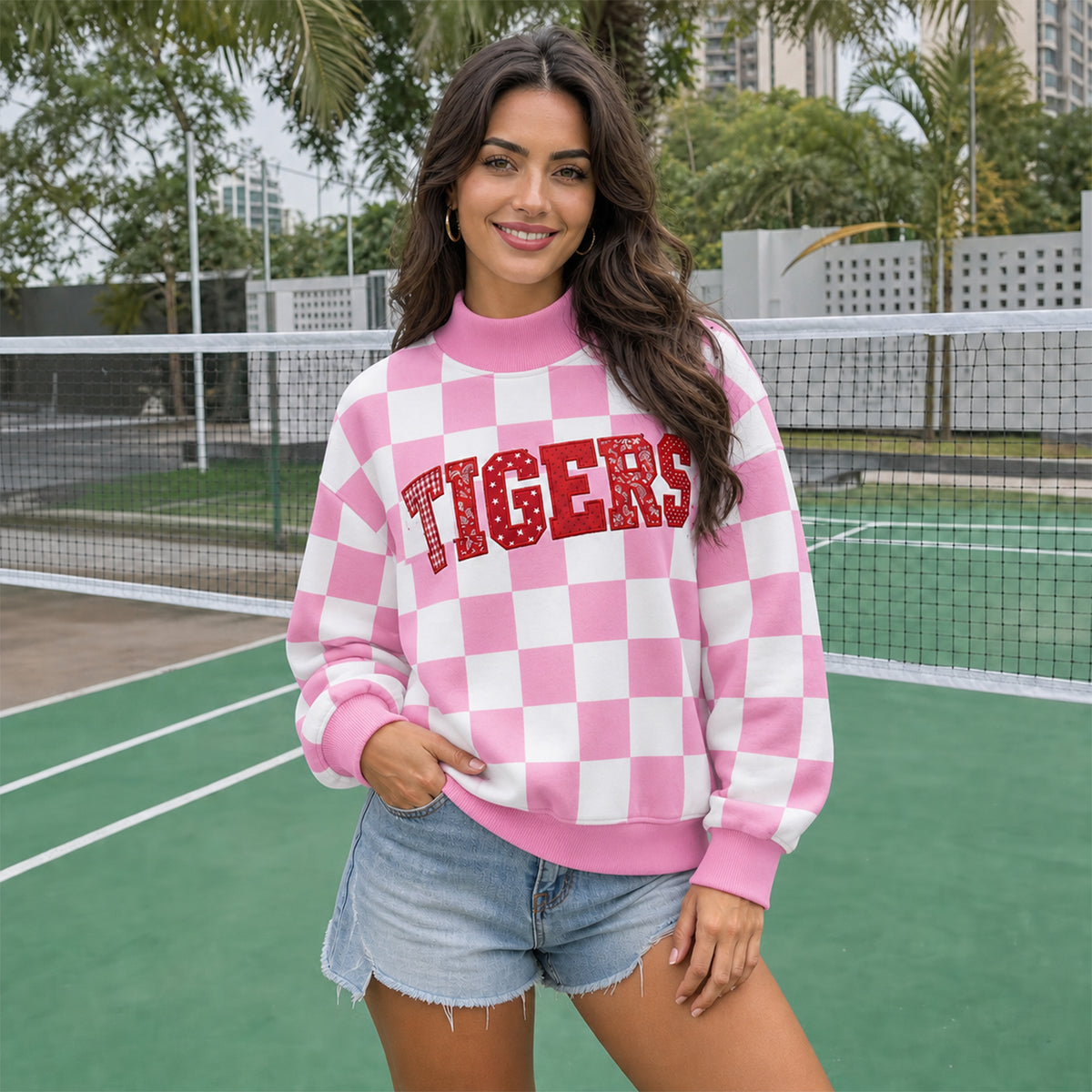 Custom Checkered Mock Neck Sweatshirt - Personalized Embroidered Team & School Name | Gingham Pattern Game Day Pullover