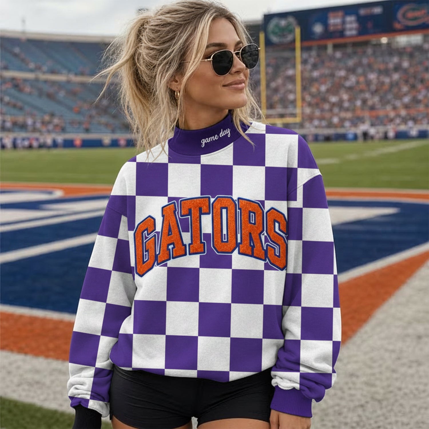 Custom Glitter Team Name Checkered Mock Neck Sweatshirt - Personalized Game Day Spirit Wear