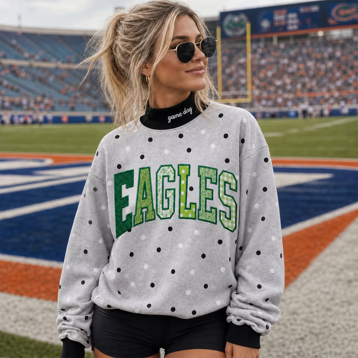 Custom Patchwork Varsity Letter Mock Neck Sweatshirt - Polka Dot Game Day Pullover