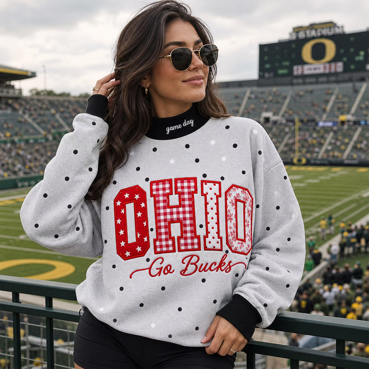 Custom Patchwork Varsity Letter Mock Neck Sweatshirt - Polka Dot Game Day Pullover