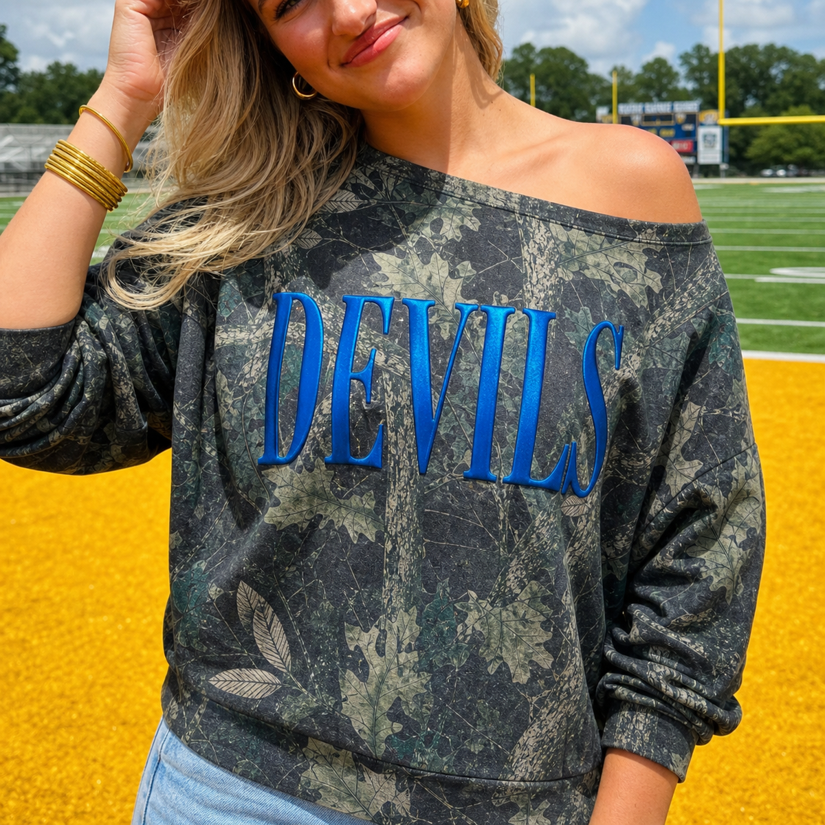 Custom Camo Off-Shoulder Sweatshirt - Personalized Puff Print Game Day Spirit Shirt