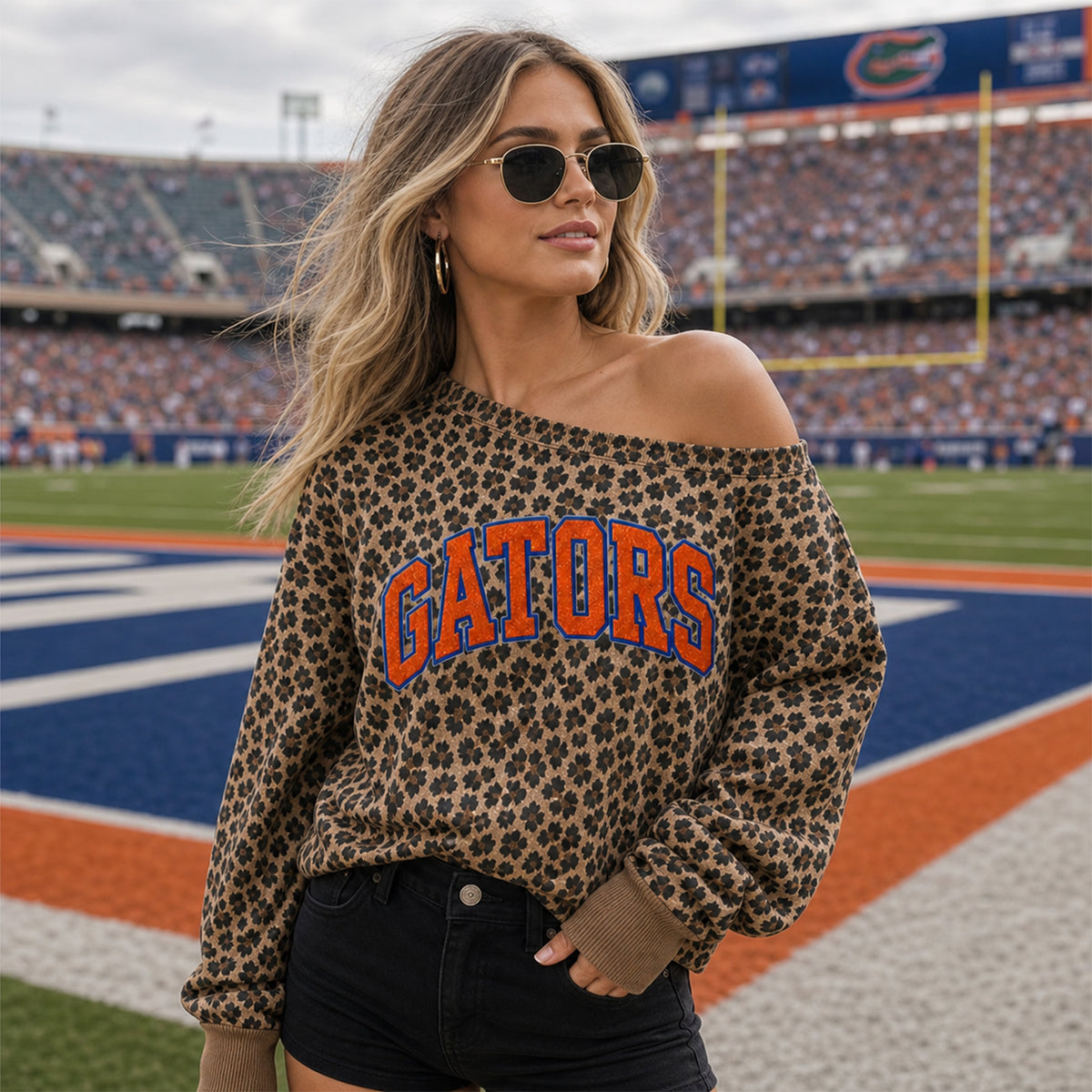 Custom Glitter Team Name Leopard Off-Shoulder Sweatshirt | Personalized Game Day Spirit Wear