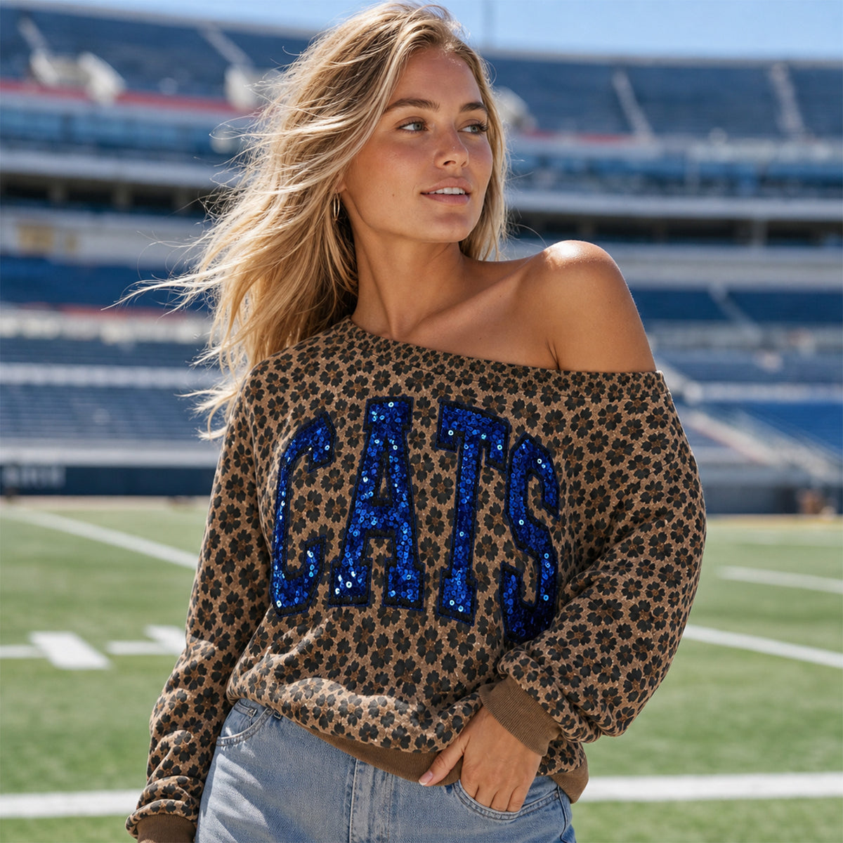 Custom Leopard Off-Shoulder Sweatshirt | Personalized Sequin Name & Team Spirit Shirt | Vintage Wash Sports Mom Gift