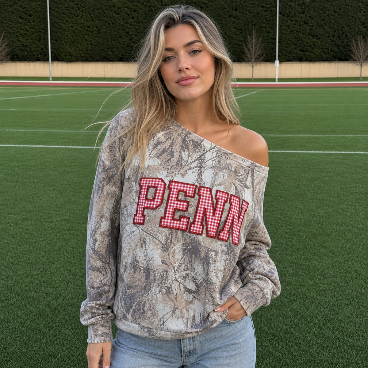 Custom Camo Off-Shoulder Sweatshirt - Personalized Team & School Name Patchwork Varsity Letters | Game Day Spirit Wear