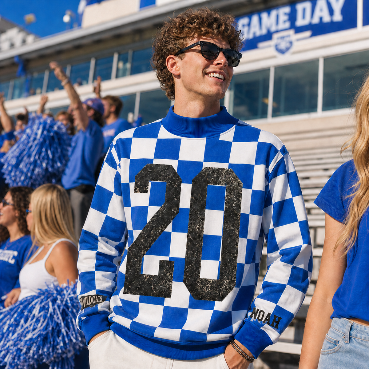 Custom Mock Neck Checkered Spirit Sweatshirt - Personalized Varsity Number & Name | Game Day Football Jersey