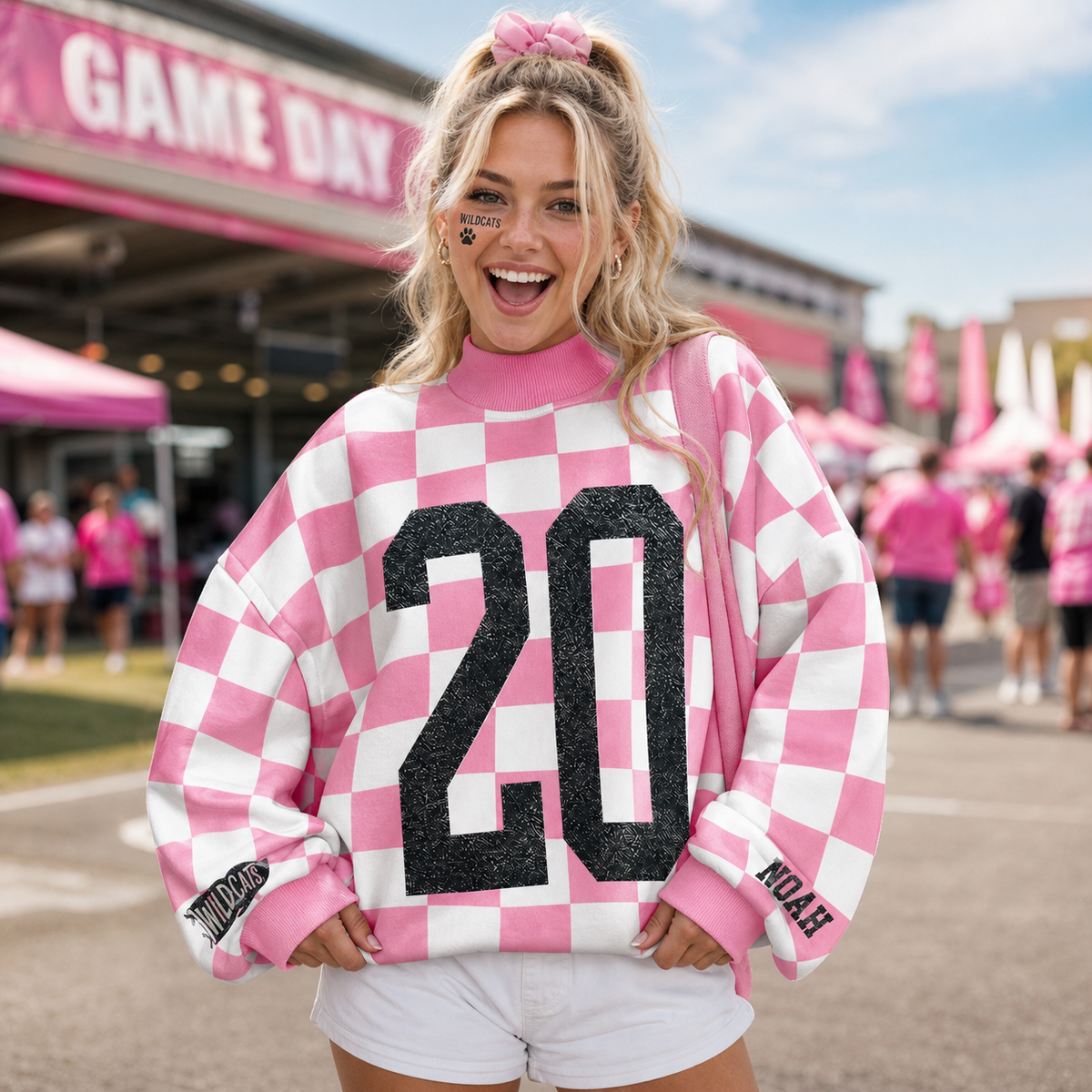 Custom Mock Neck Checkered Spirit Sweatshirt - Personalized Varsity Number & Name | Game Day Football Jersey