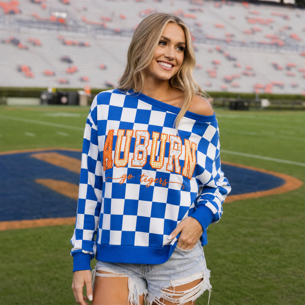 Custom Checkered Off-Shoulder Spirit Sweatshirt | Personalized Team & School Name Embroidered Sweater