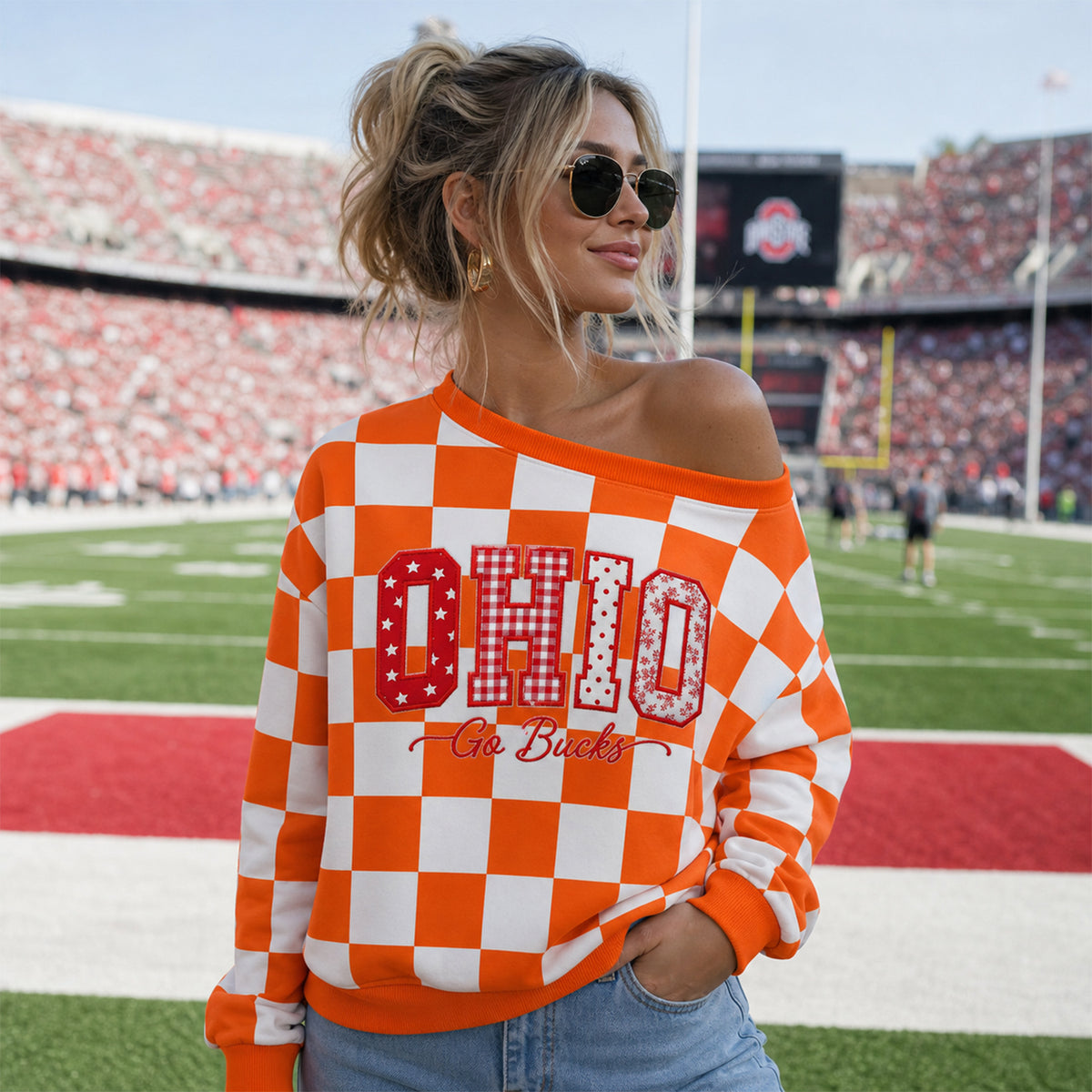 Custom Checkered Off-Shoulder Spirit Sweatshirt | Personalized Team & School Name Embroidered Sweater