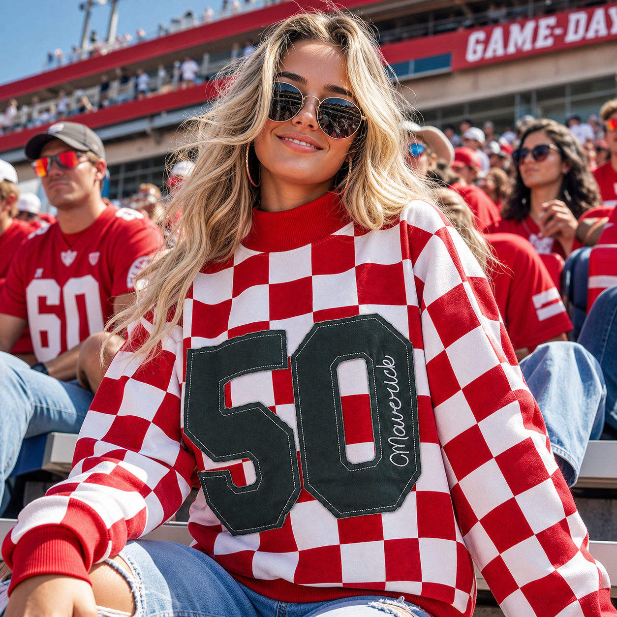Personalized Checkerboard Mock Neck Sweatshirt - Custom Number & Name Embroidered Game Day Pullover