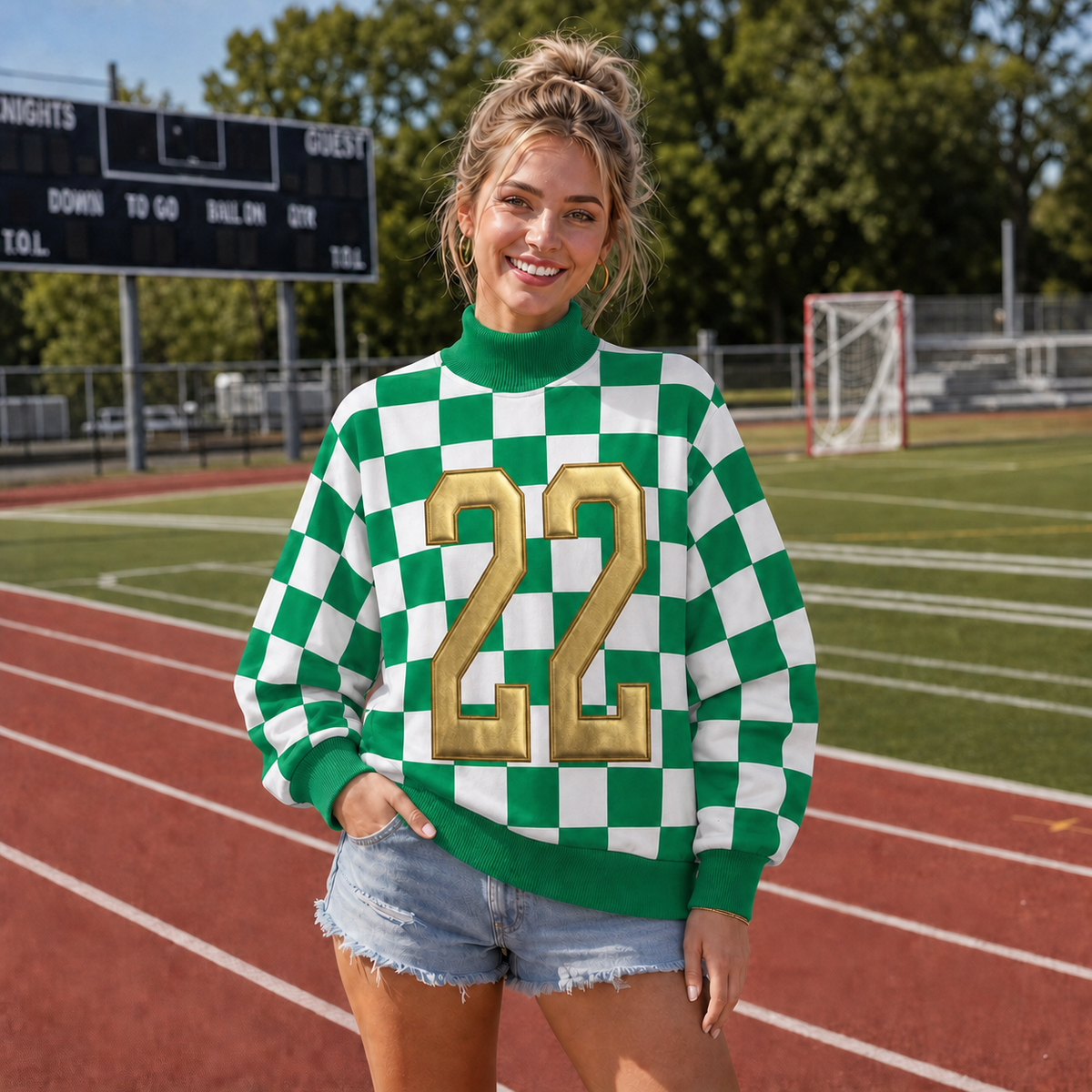 Custom Metallic Puff Number Checkered Mockneck - Personalized Stand Collar Team Spirit Jersey | Game Day School Spirit Wear
