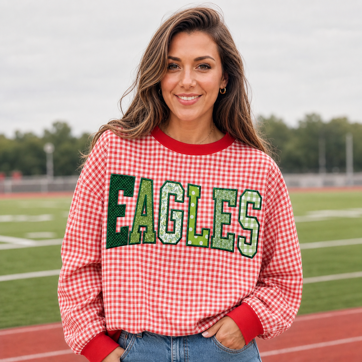Custom Gingham Patchwork Embroidered Sweatshirt - Personalized Team & School Name Applique Varsity Letters | College Game Day Spirit Wear