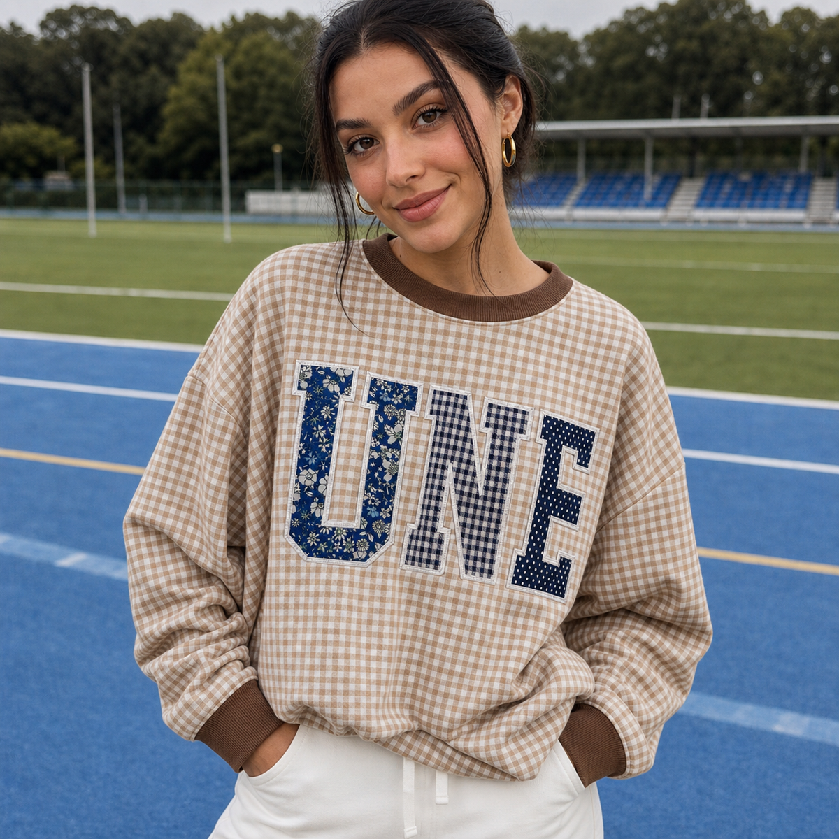 Custom Gingham Patchwork Embroidered Sweatshirt - Personalized Team & School Name Applique Varsity Letters | College Game Day Spirit Wear