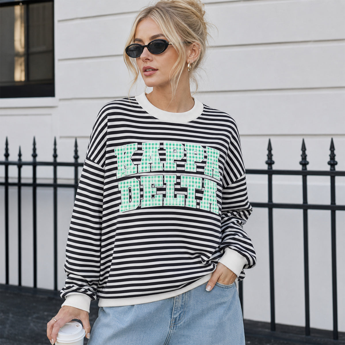 Custom Striped Sweatshirt - Personalized Sorority Shirt with Gingham Applique