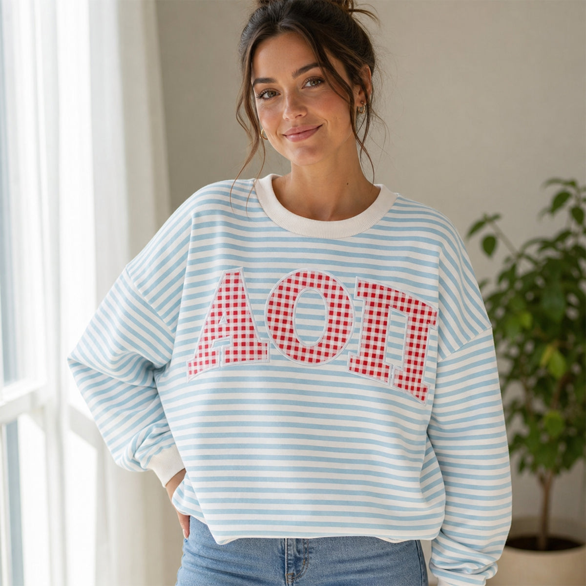 Custom Striped Sweatshirt - Personalized Sorority Shirt with Gingham Applique