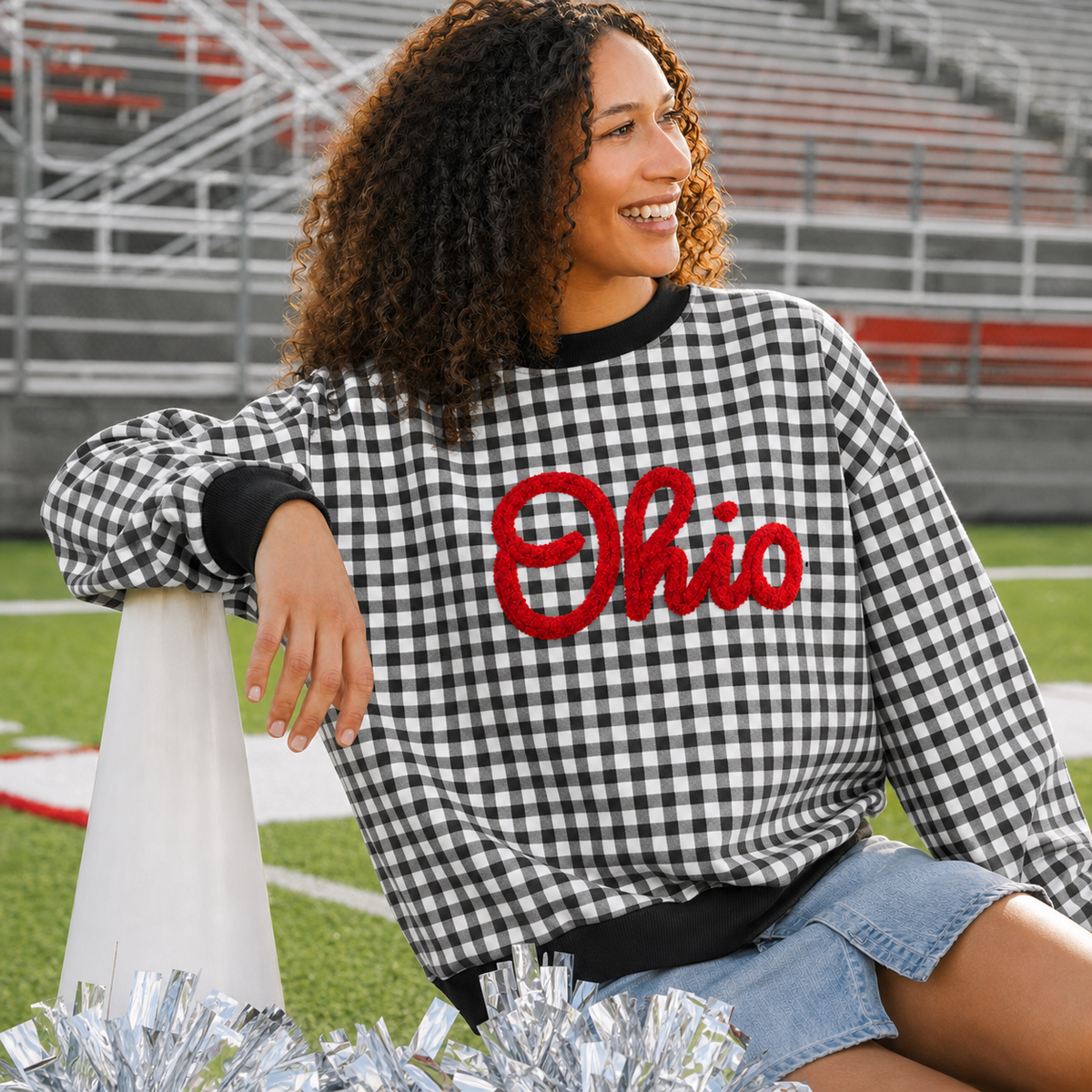 Custom Gingham Sweatshirt - Personalized Chenille Team Name Embroidered Checkered Game Day Pullover