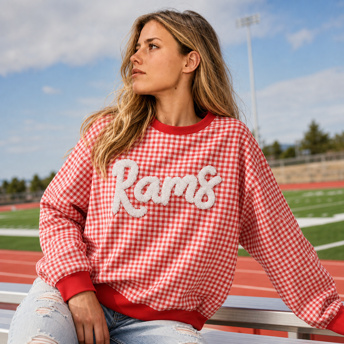 Custom Gingham Sweatshirt - Personalized Chenille Team Name Embroidered Checkered Game Day Pullover