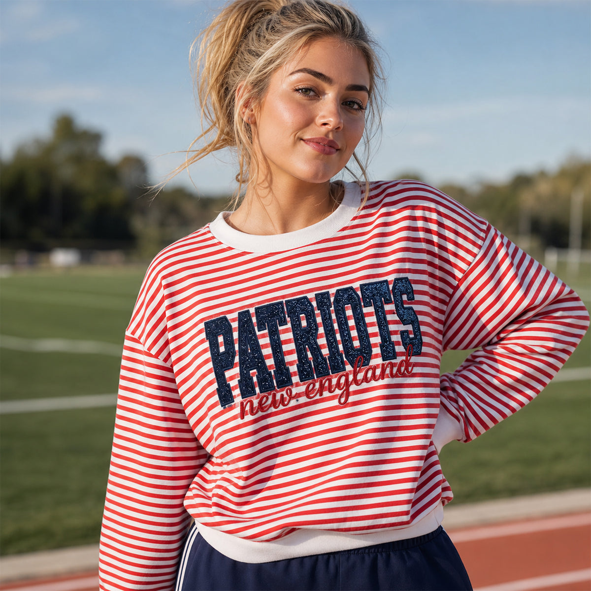 Custom Striped Team Spirit Sweatshirt - Personalized Glitter Vinyl Football Fan Shirt | Game Day Striped Top for Sports Mom