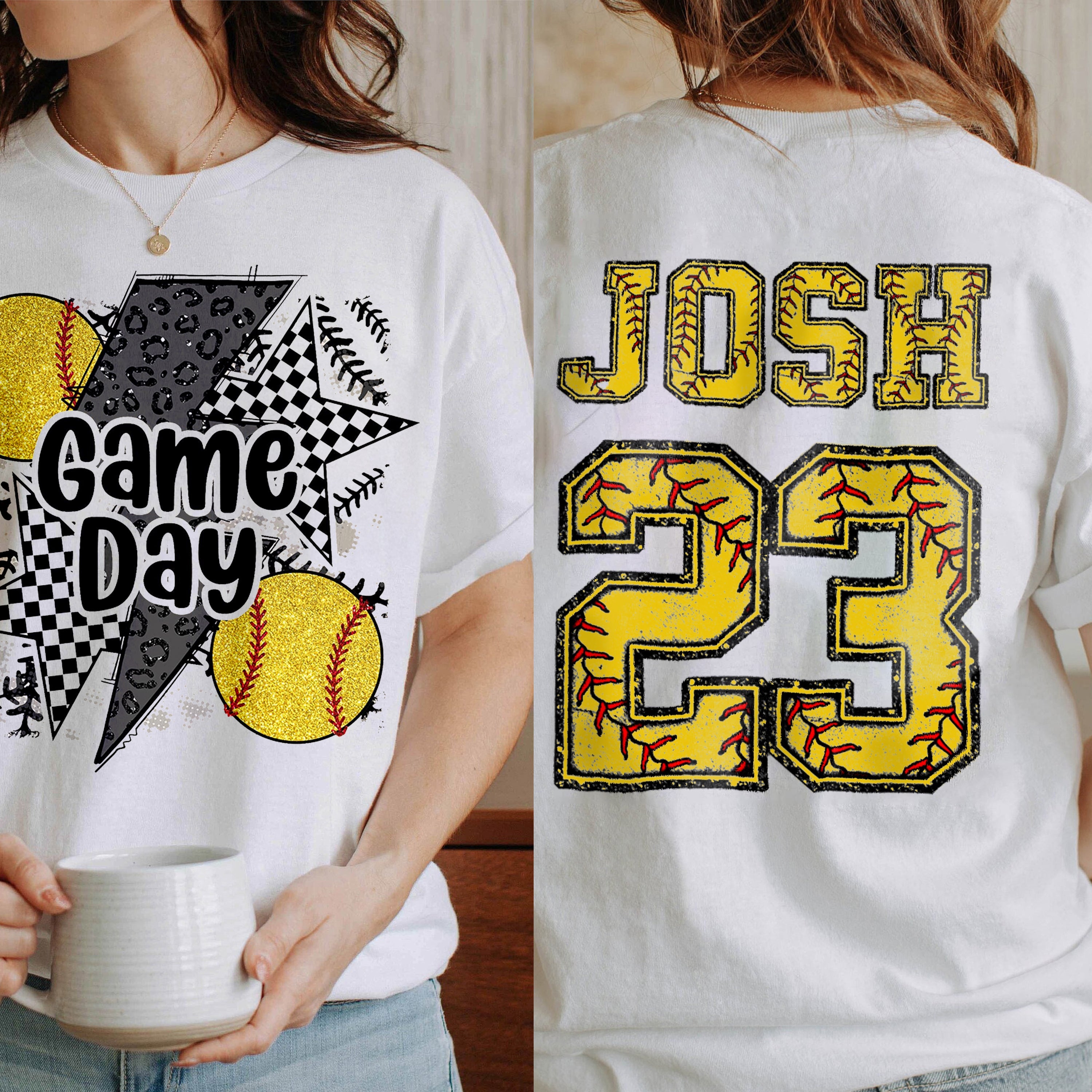 Personalized Game Day Softball Mama Checkered Pattern Cheer T-shirt | Gifts for Sports Mom
