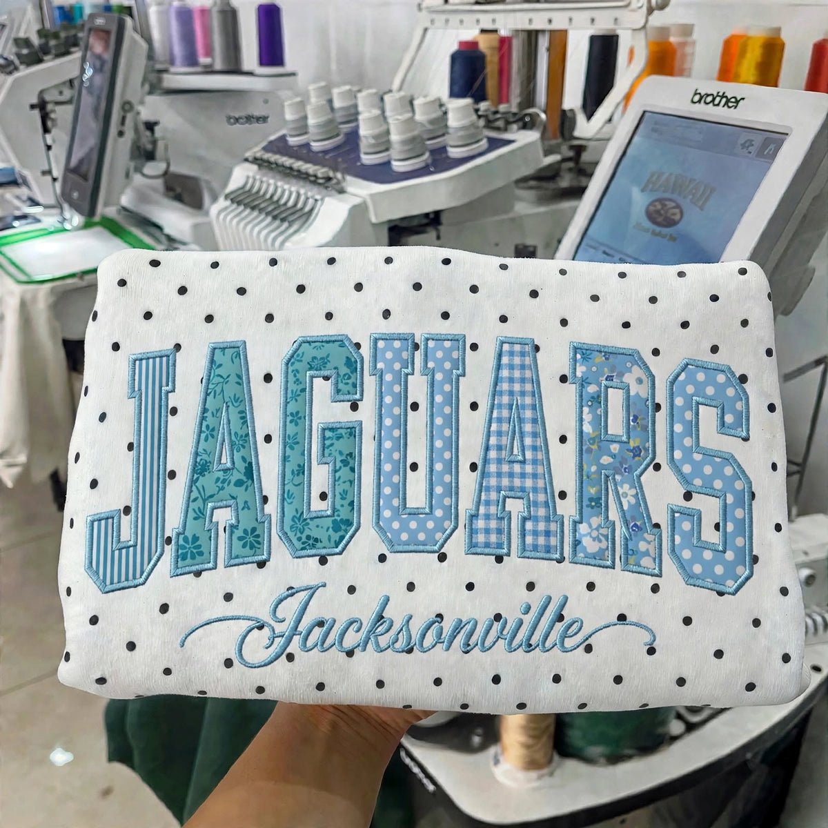 Custom Patchwork Fabric Embroidered Football Team Polka Dot Sweatshirt Game Day Wear