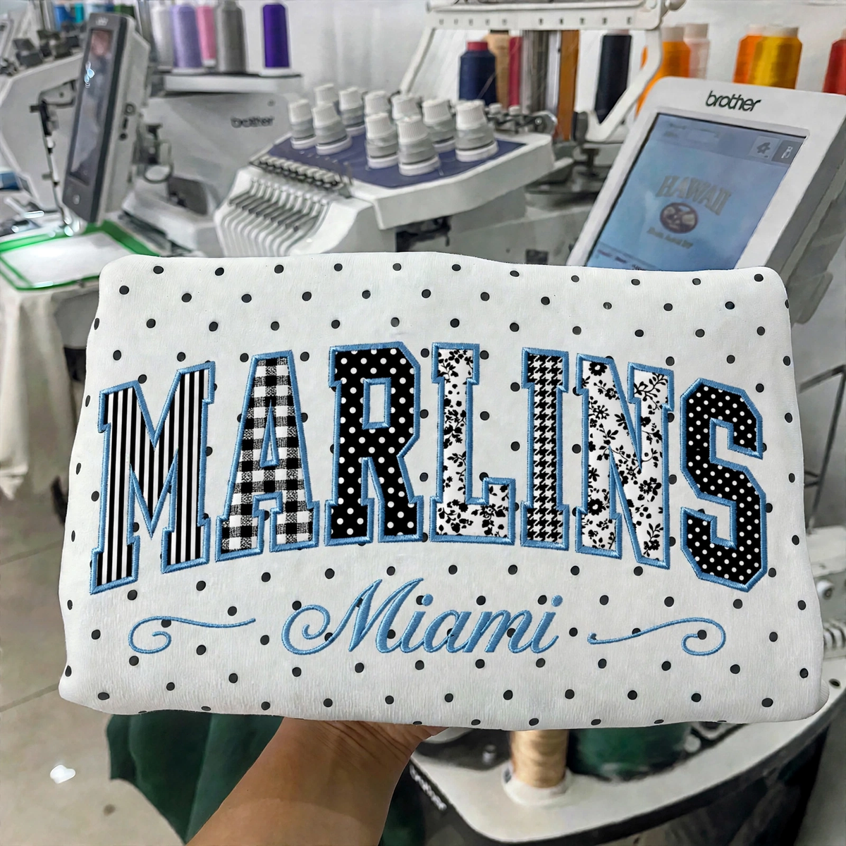 Custom Embroidered Patchwork Mix Fabric Baseball Team Polka Dot Sweatshirt | Game Day Wear
