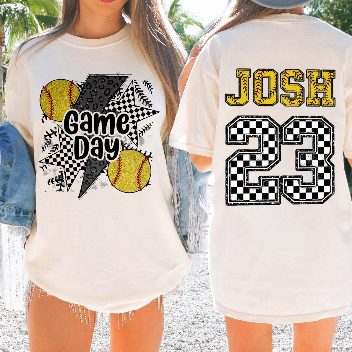 Personalized Game Day Softball Mama Checkered Pattern Cheer T-shirt | Gifts for Sports Mom