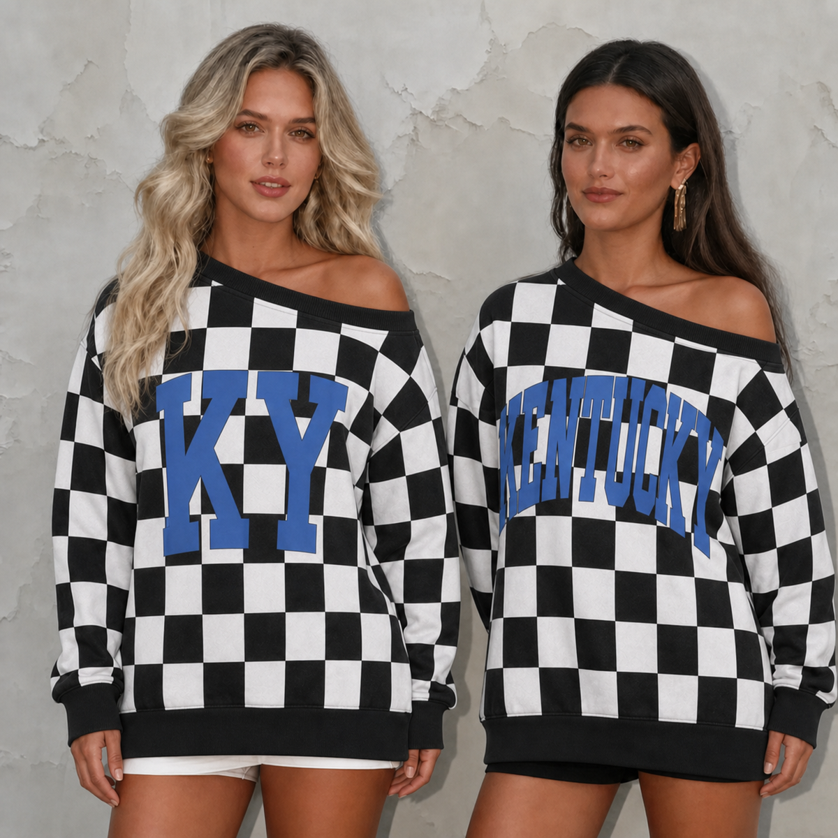 Custom College Team Name Off-Shoulder Checkered Sweatshirt - Personalized Sports Fan Gift