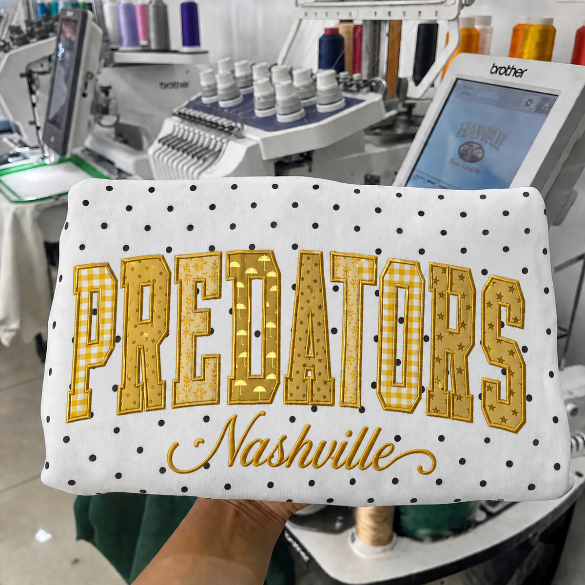 Custom Hockey Team Patchwork Embroidered Polka Dot Sweatshirt | Hockey Fan Game Day Gear