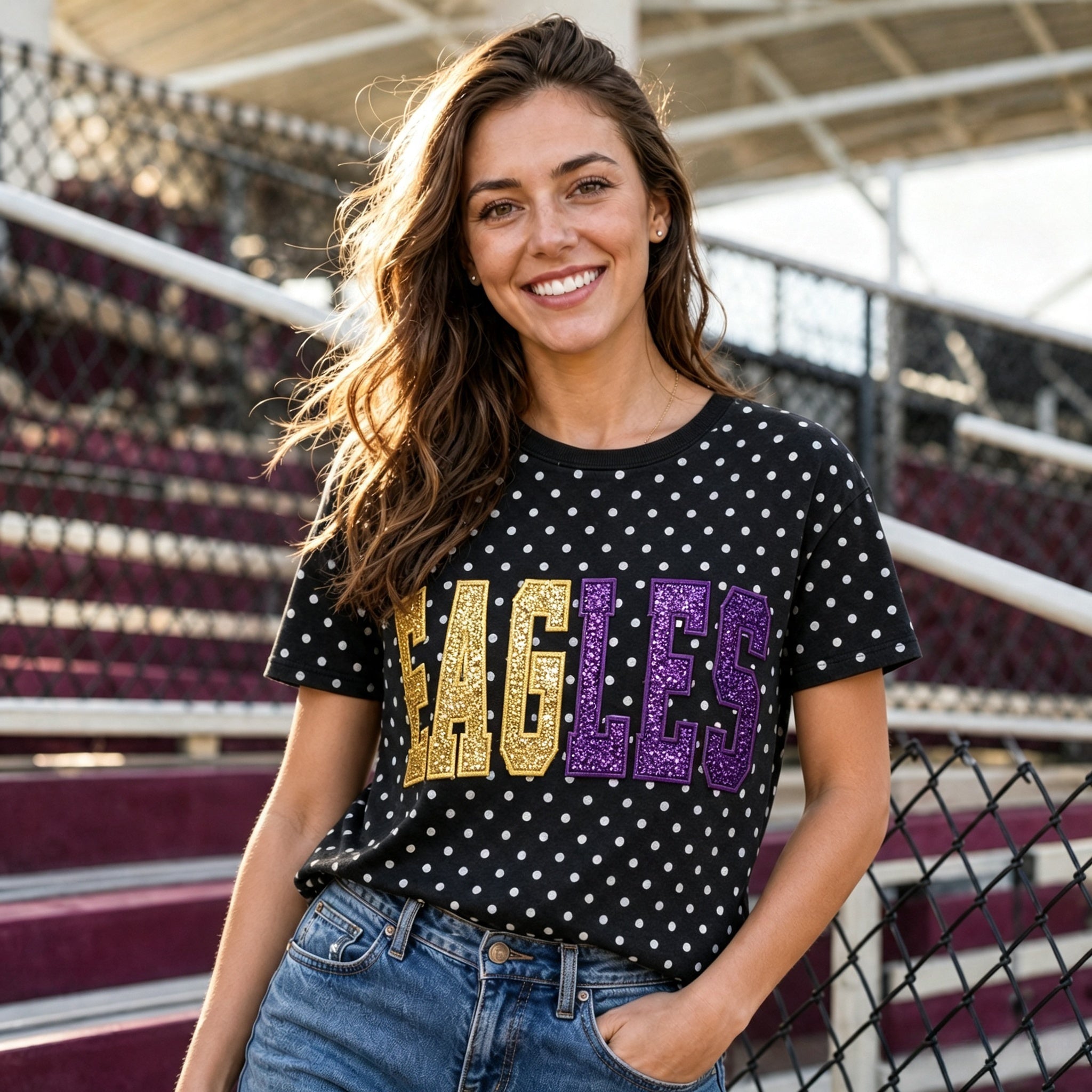 Custom Glitter Embroidered Polka Dot T-shirt | Gifts for Sports Mom,Sports Gifts | Game Day Wear