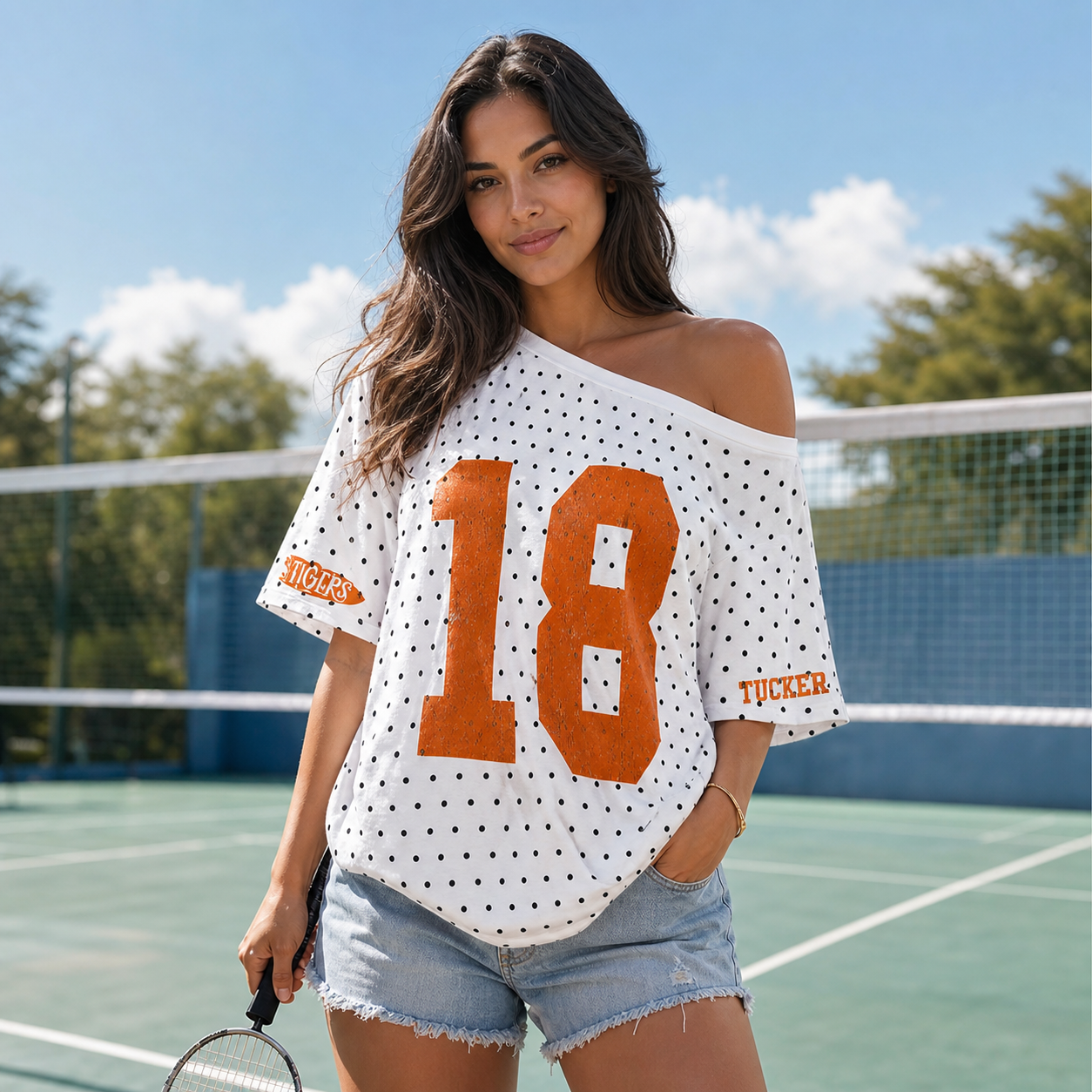 Custom Off-Shoulder Polka Dot Vintage Varsity Jersey T-Shirt - Personalized Number & Name