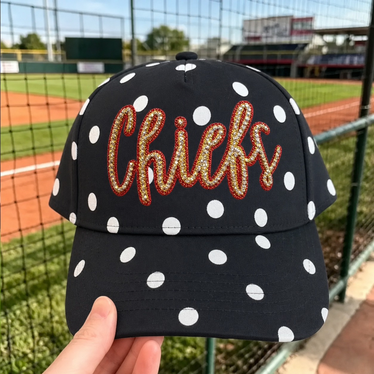 Custom Team Name Rhinestone Trucker Polka Dot Hat Two Tone Bling Cap For Game Day