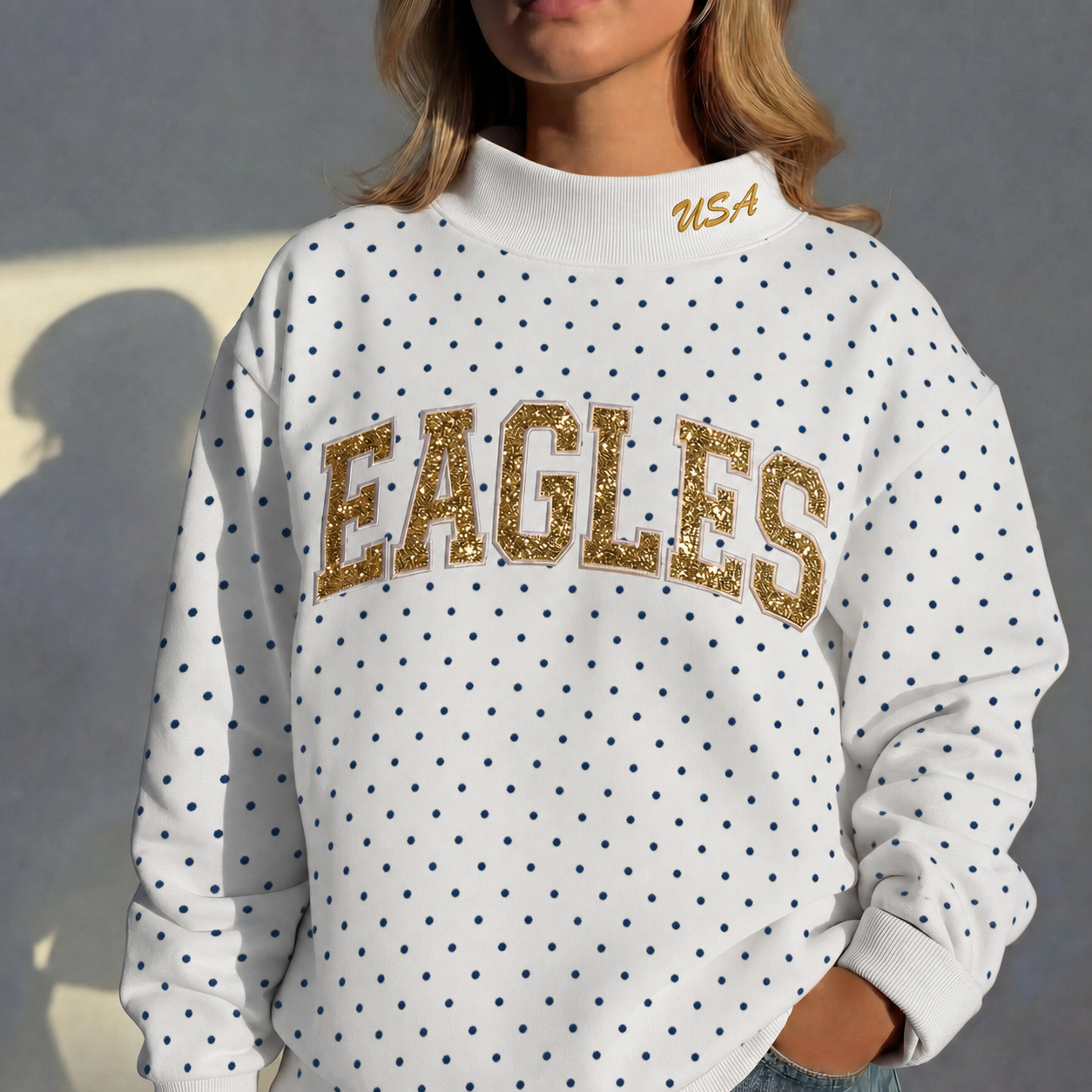 Custom Glitter Team Name Polka Dot Mockneck – Stand-up Collar | Gifts for Sports Mom | Game Day Wear
